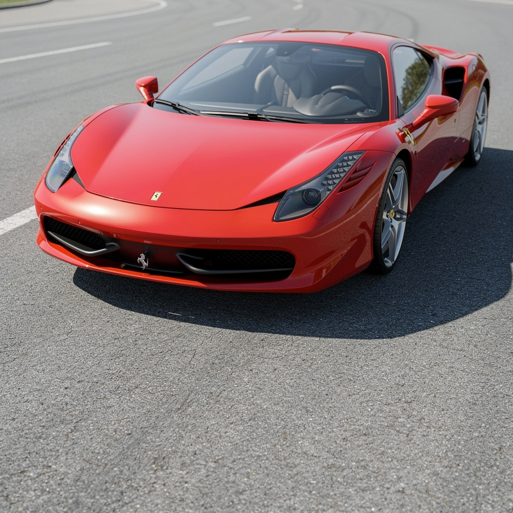 A bright red sports car parked on a gray asphalt road — the 