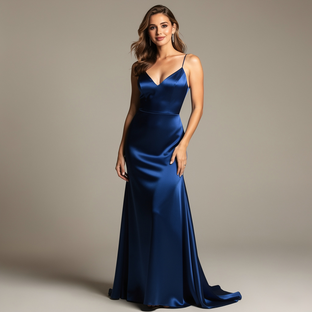 A woman wearing a royal blue evening dress against a neutral
