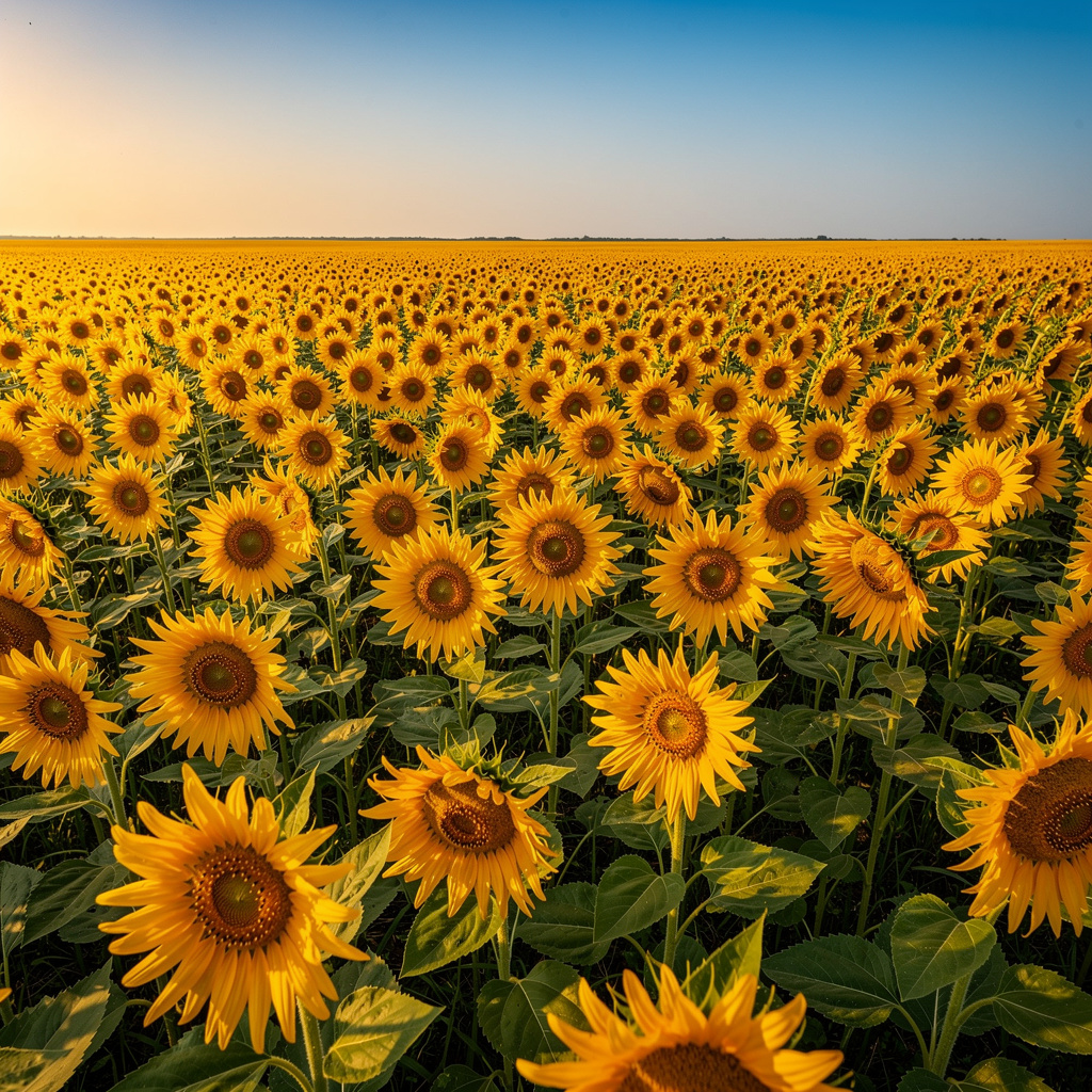 A field of pure sunflower yellow flowers under a clear blue 