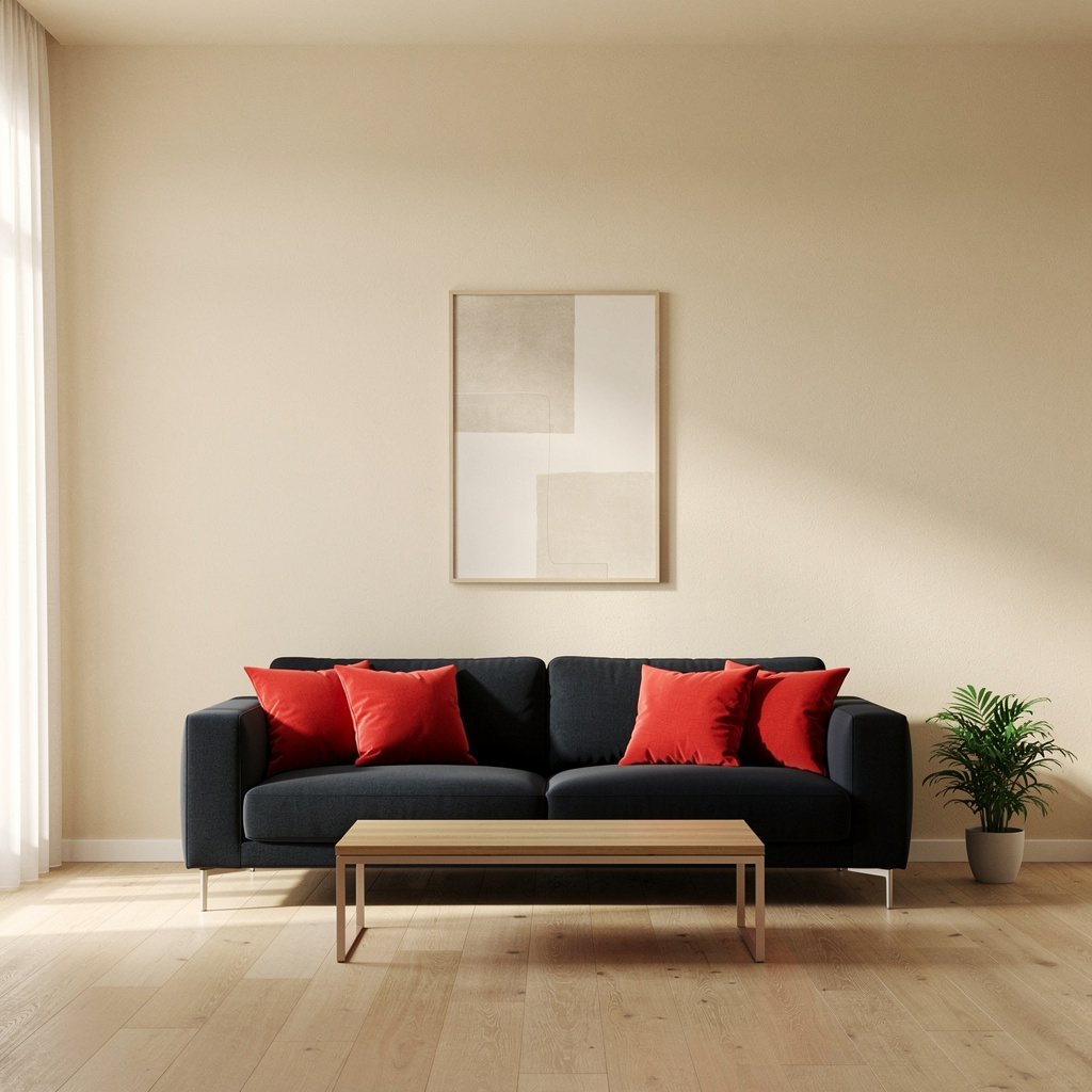A minimalist room with walls in #F5E6CC (warm cream), a sofa