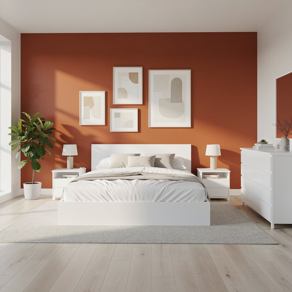 A bedroom wall painted in #FF6B35 (burnt orange) with white 