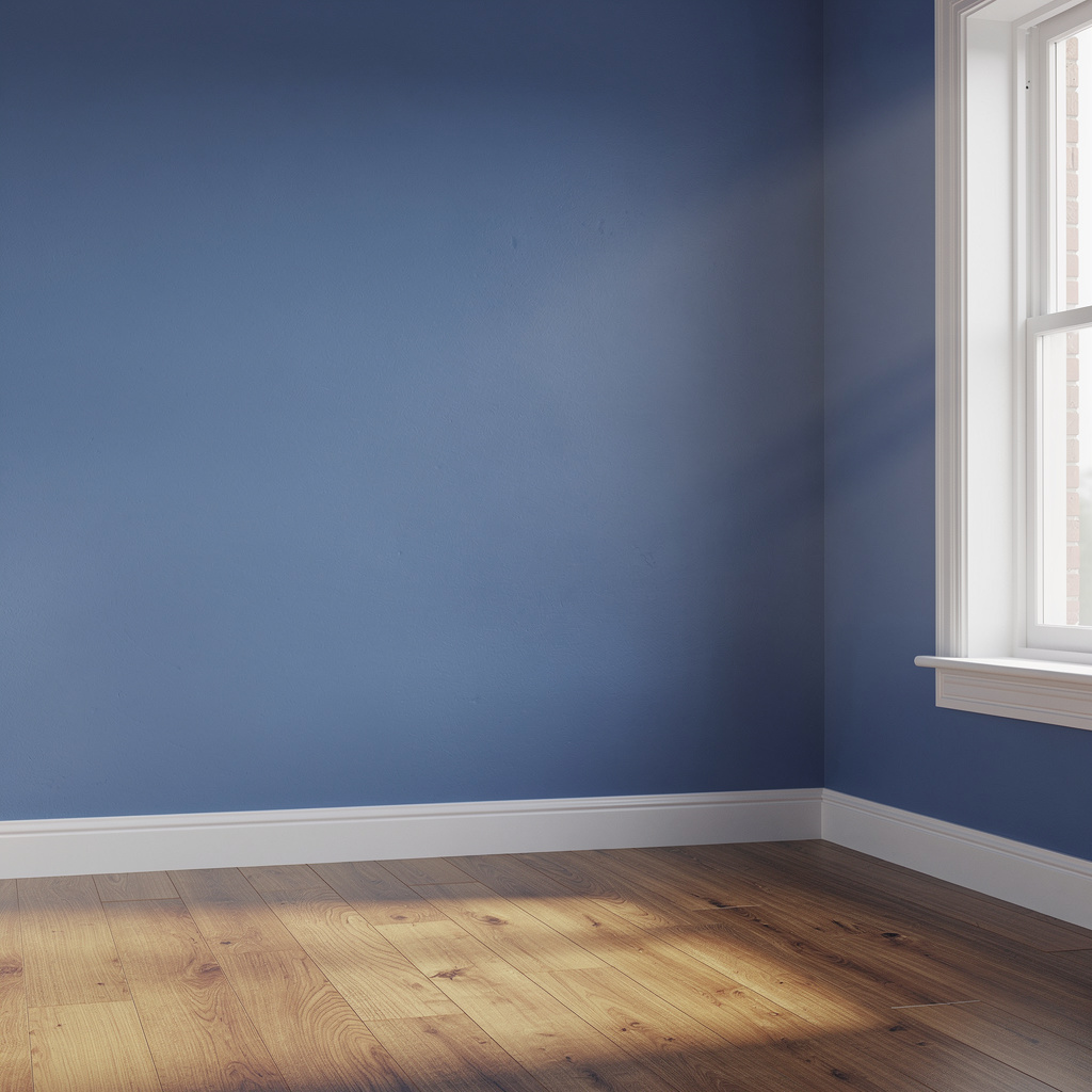 A room with walls in #4A90D9 (medium blue) with warm wooden 