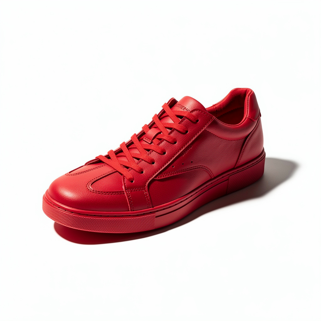 A single red sneaker on a clean white background with soft s