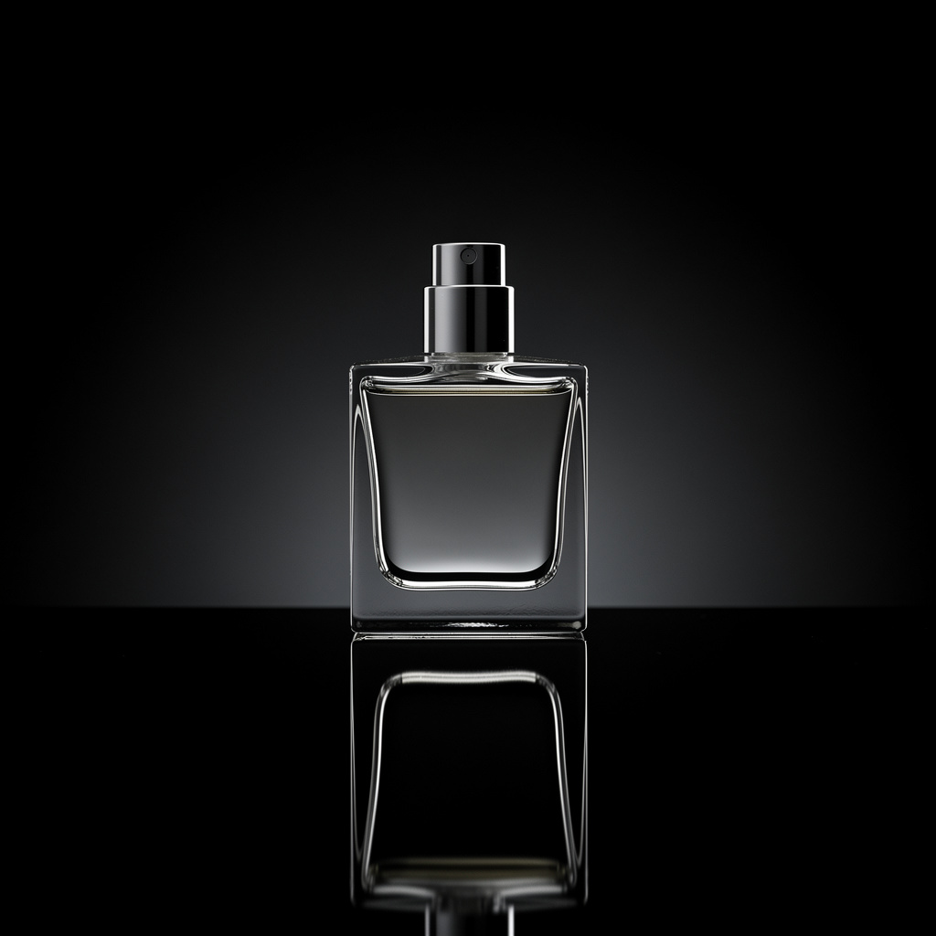 A clear glass perfume bottle on a reflective black surface w