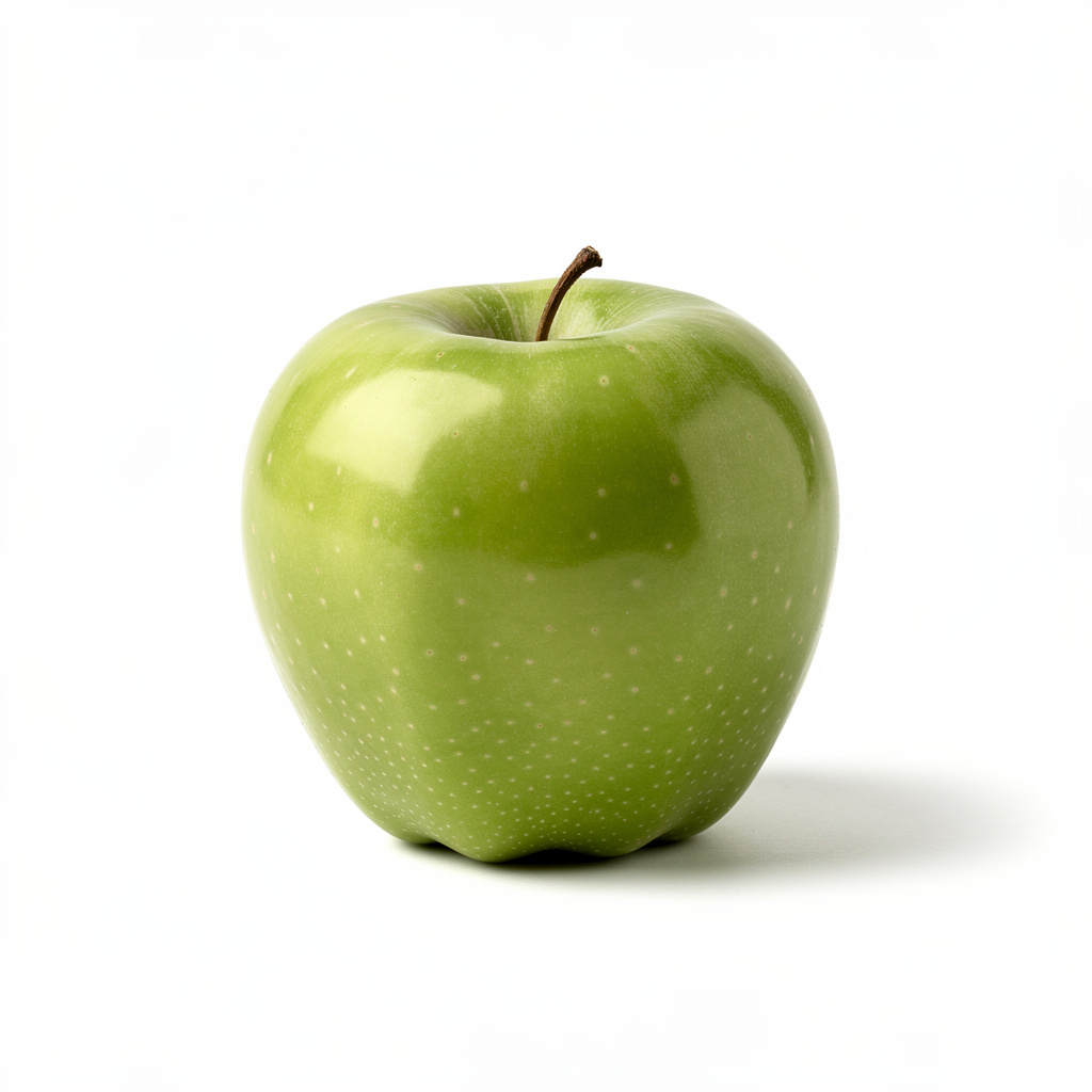 A ripe green apple on a seamless white background with soft 