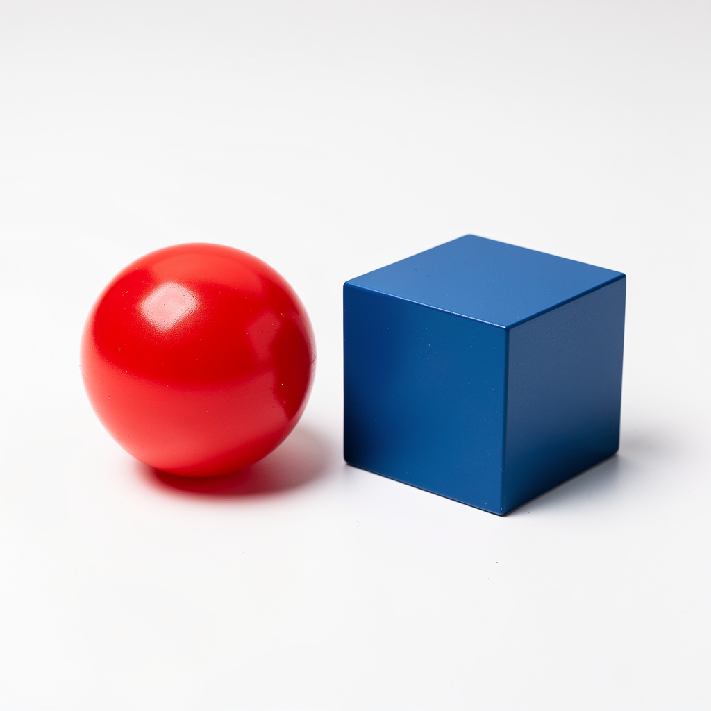 A red ball and a blue cube sitting side by side on a white s