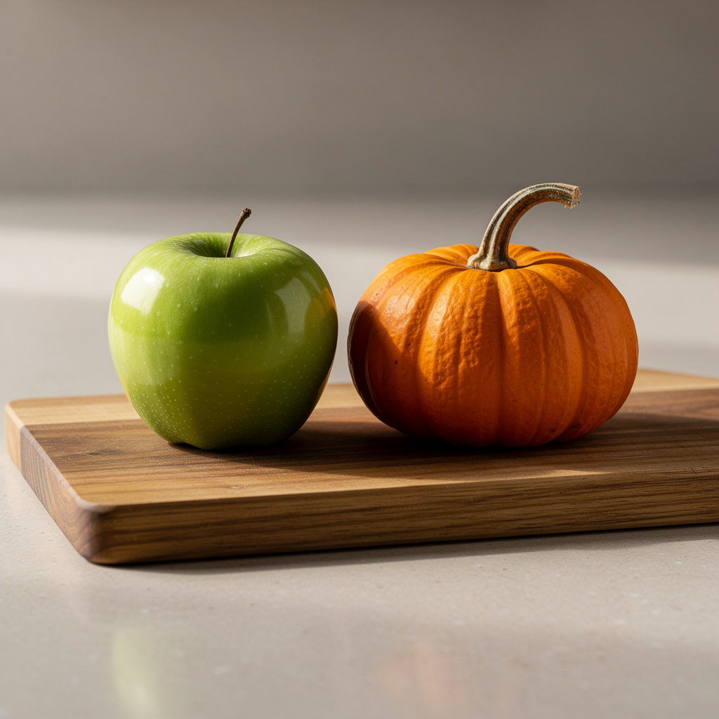 A green apple and an orange pumpkin on a wooden cutting boar