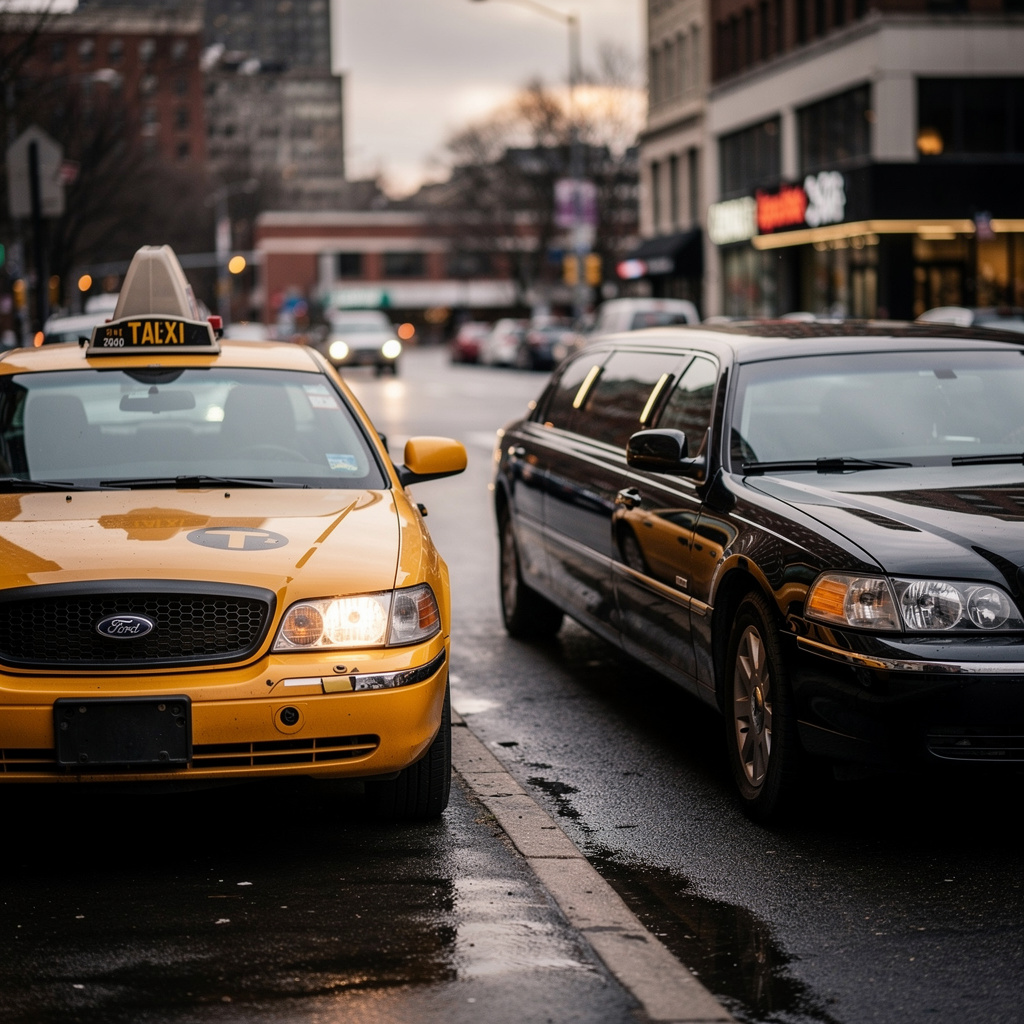 A yellow taxi and a black limousine parked next to each othe