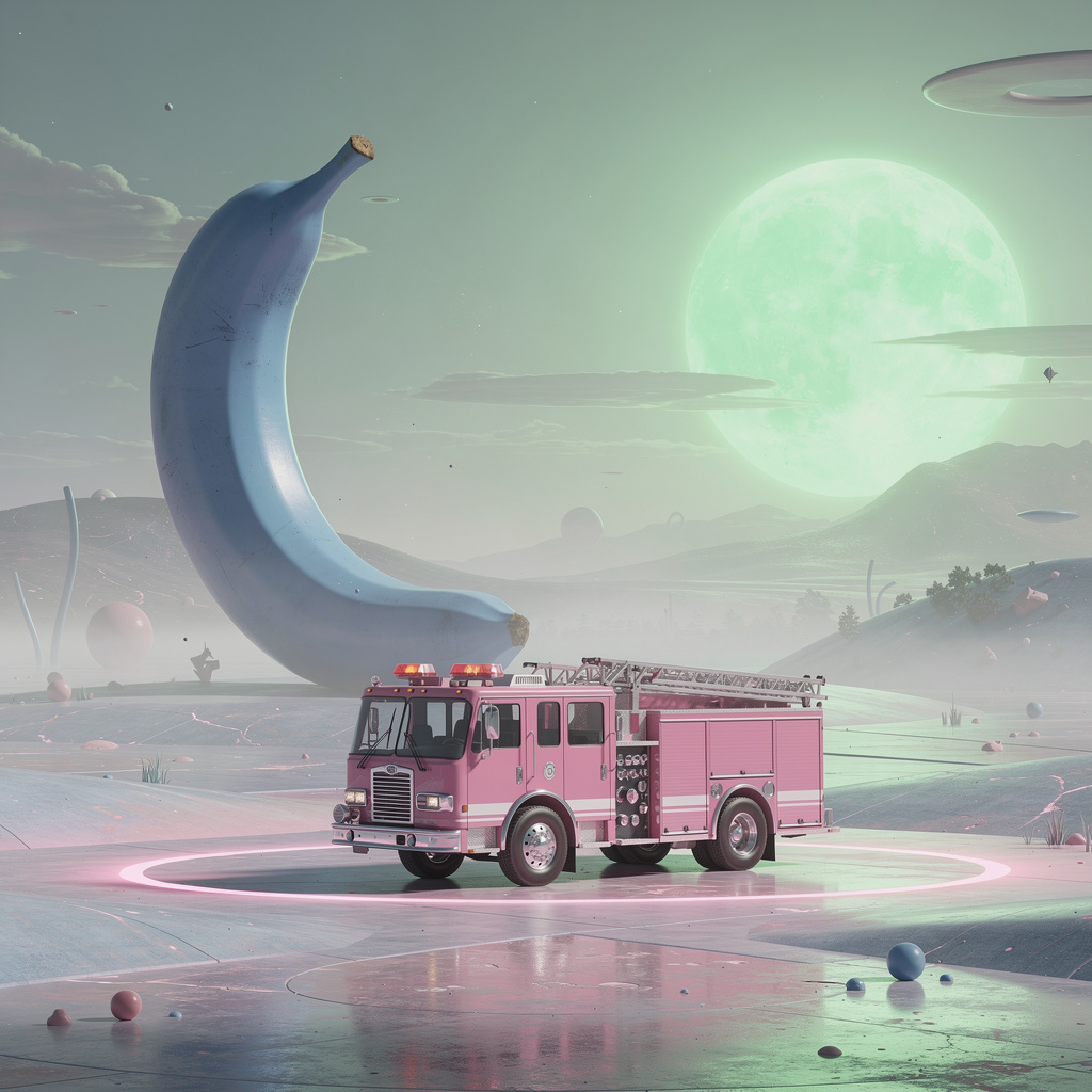 A pink fire truck, a blue banana, and a green sun in a surre