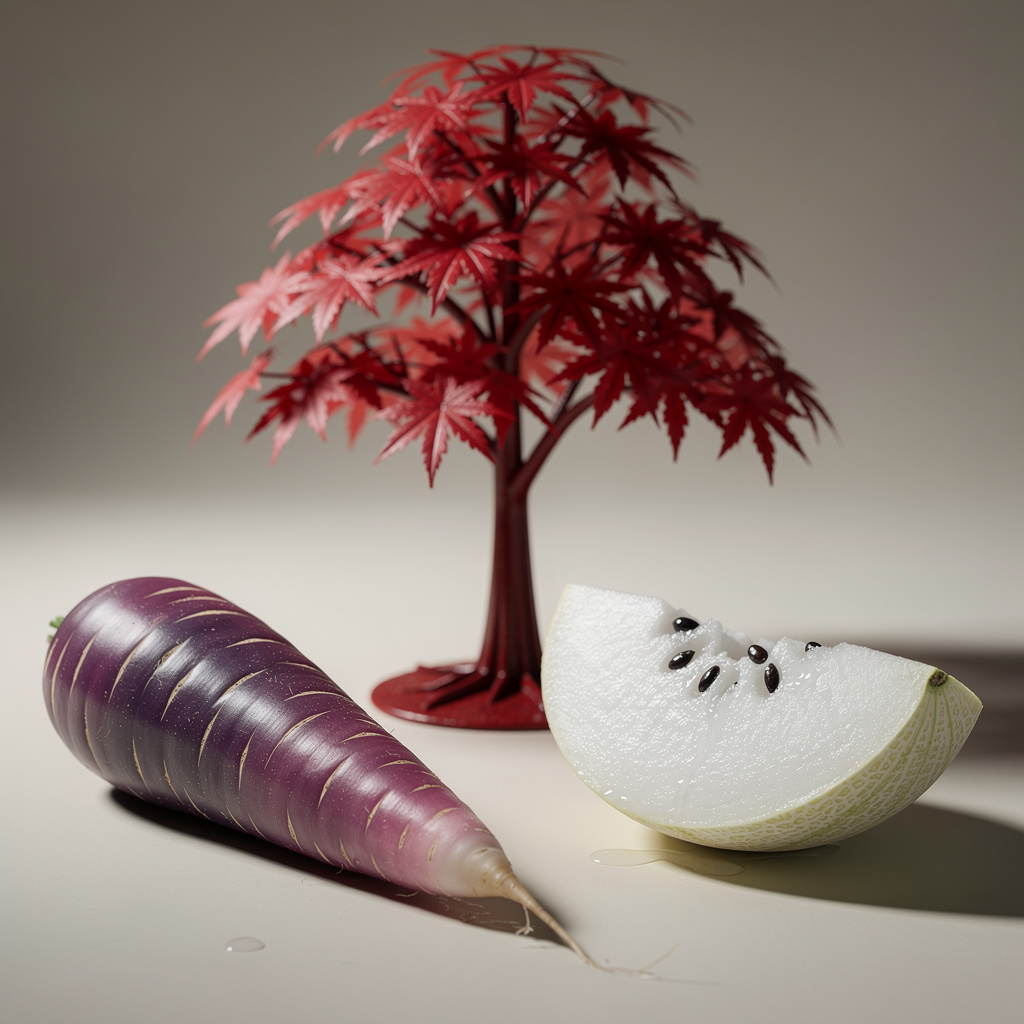 A purple carrot, a red tree with red leaves, and a white wat
