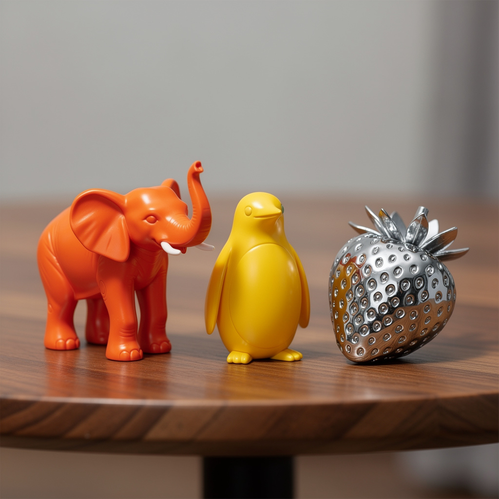 An orange elephant, a yellow penguin, and a silver strawberr
