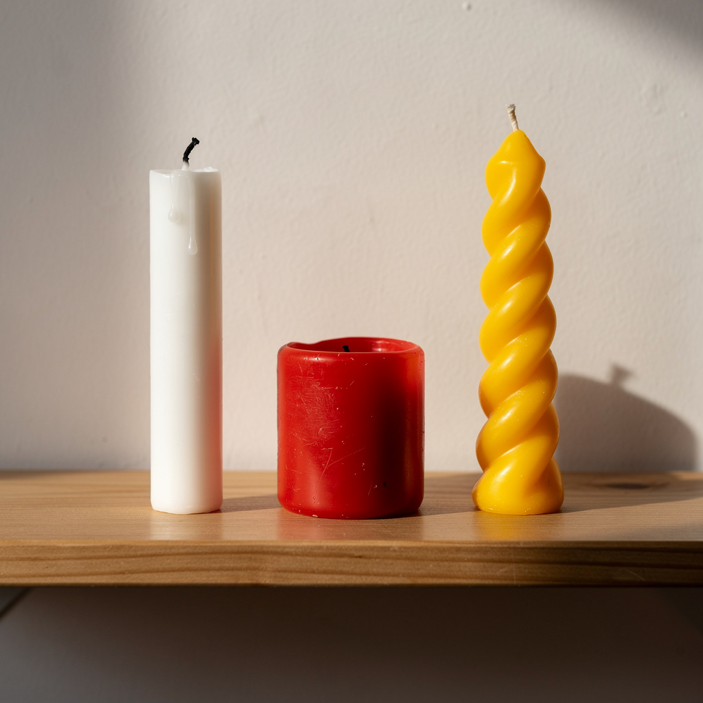 A tall thin white candle, a short fat red candle, and a medi