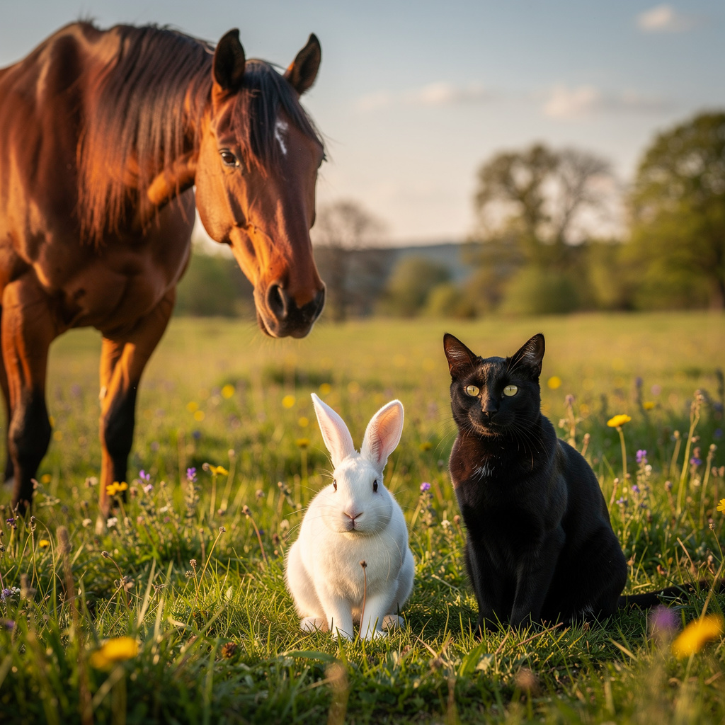 A big brown horse, a small white rabbit, and a medium-sized 
