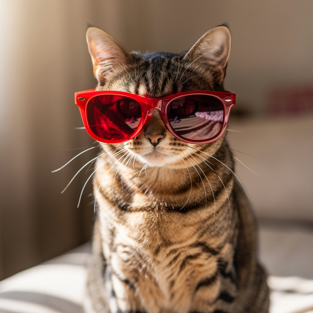 A tabby cat wearing oversized red sunglasses