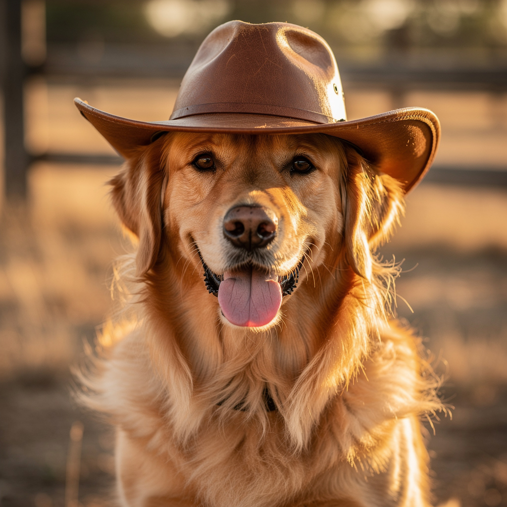 A golden retriever wearing a tiny cowboy hat