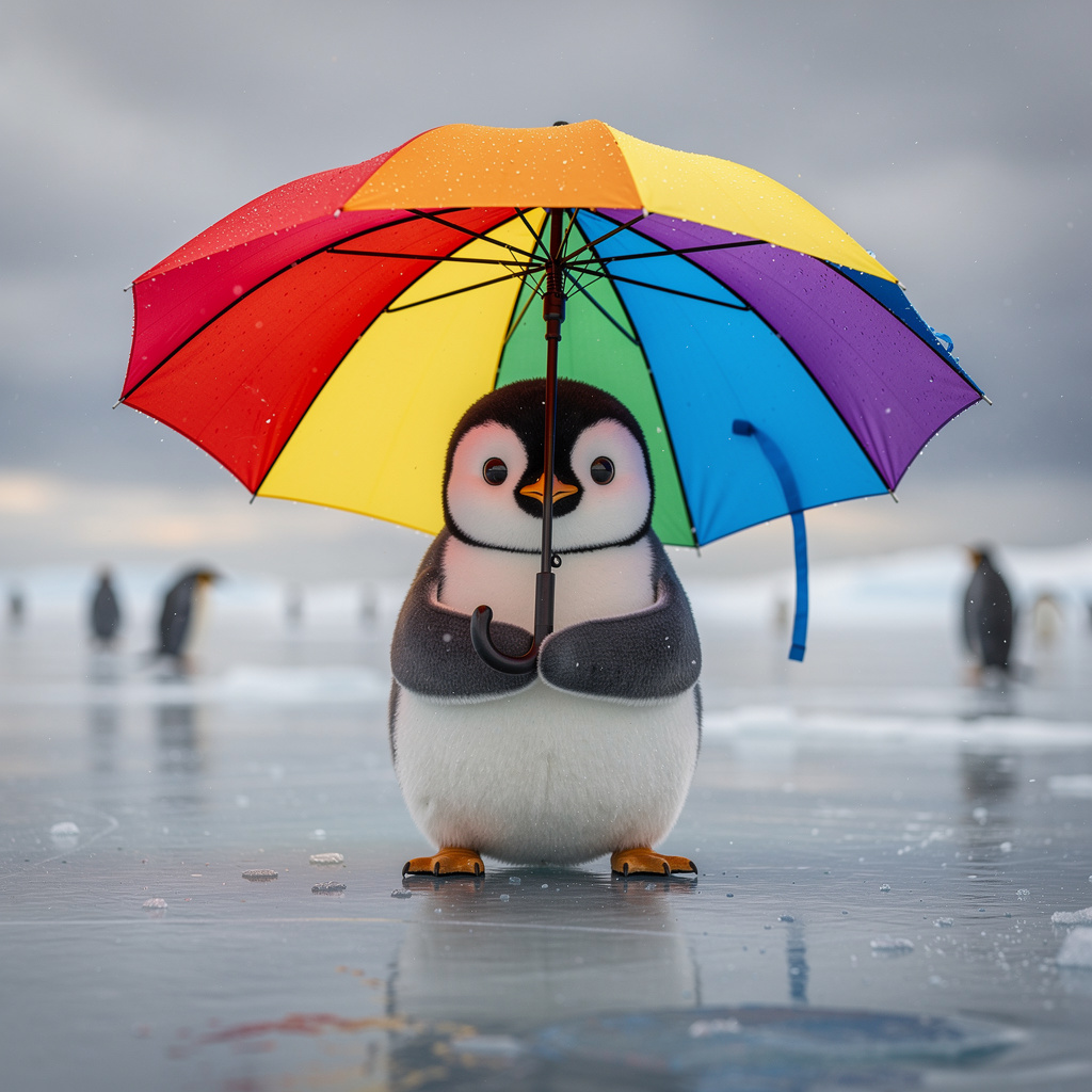A penguin holding a colorful umbrella