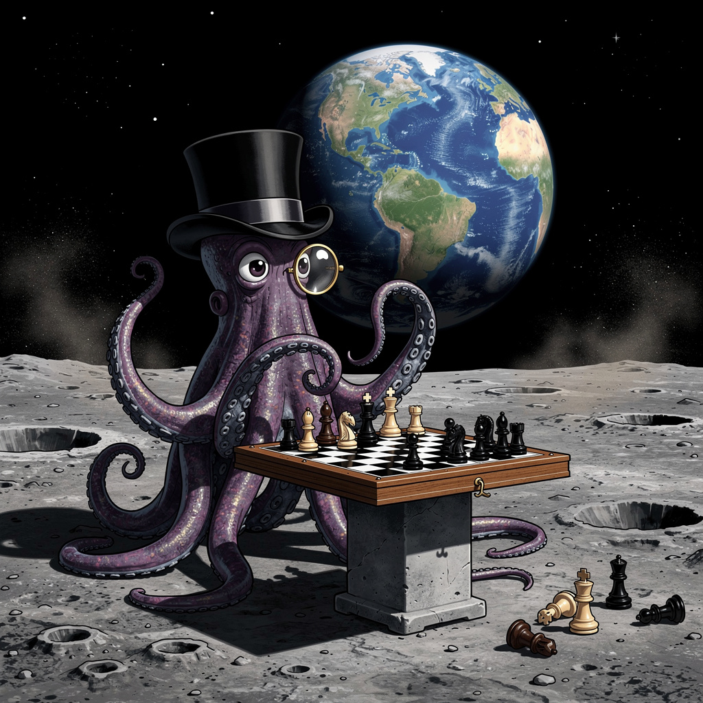 An octopus wearing a top hat and monocle playing chess on th