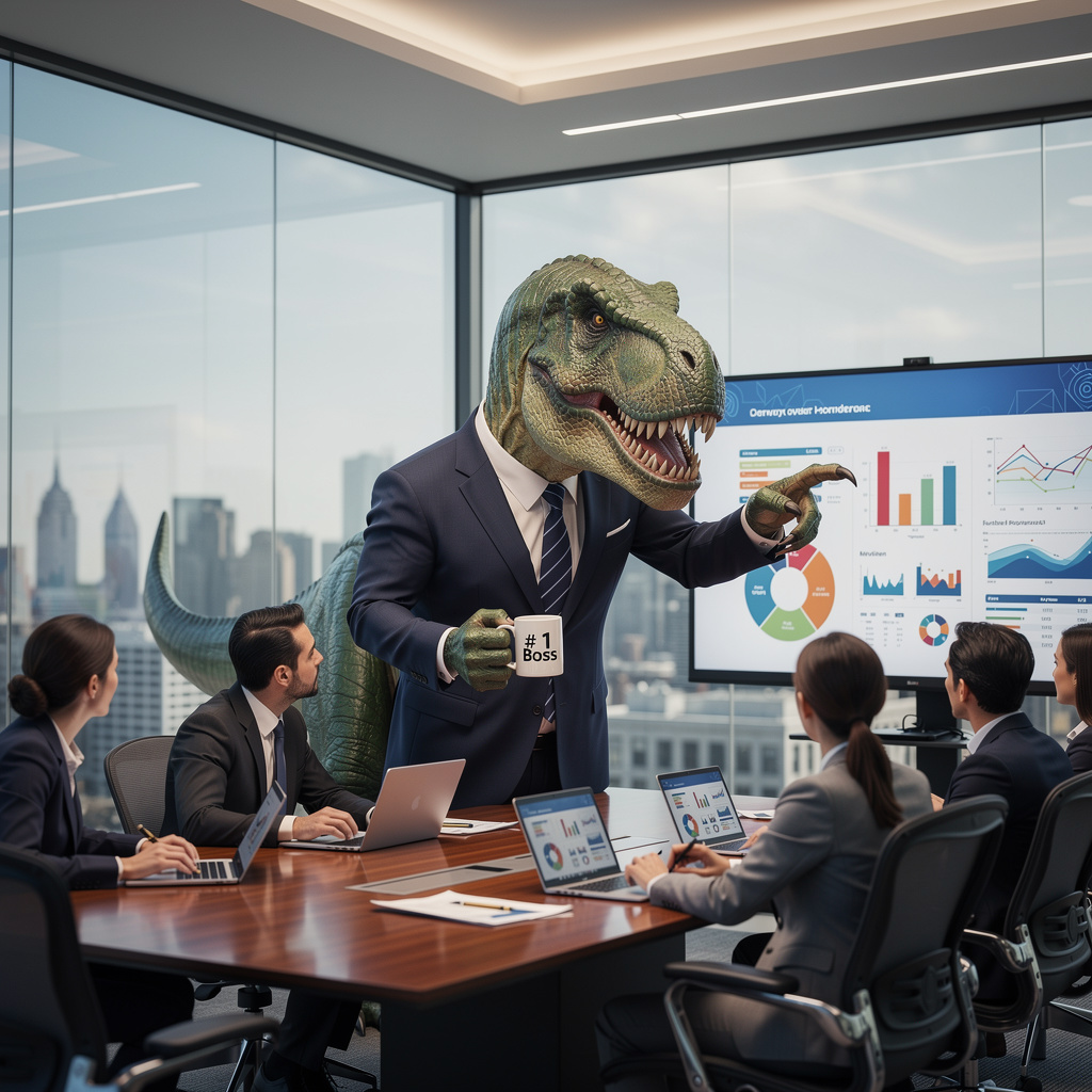 A dinosaur in a business suit giving a PowerPoint presentati