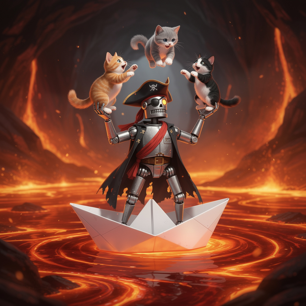 A robot dressed as a pirate sailing a paper boat on a lake o