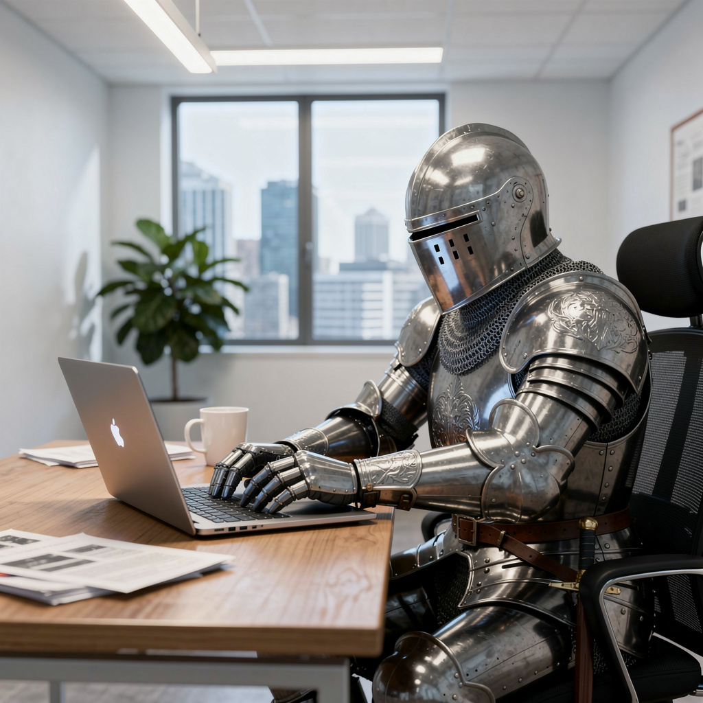 A medieval knight in full armor sitting at a desk typing on 