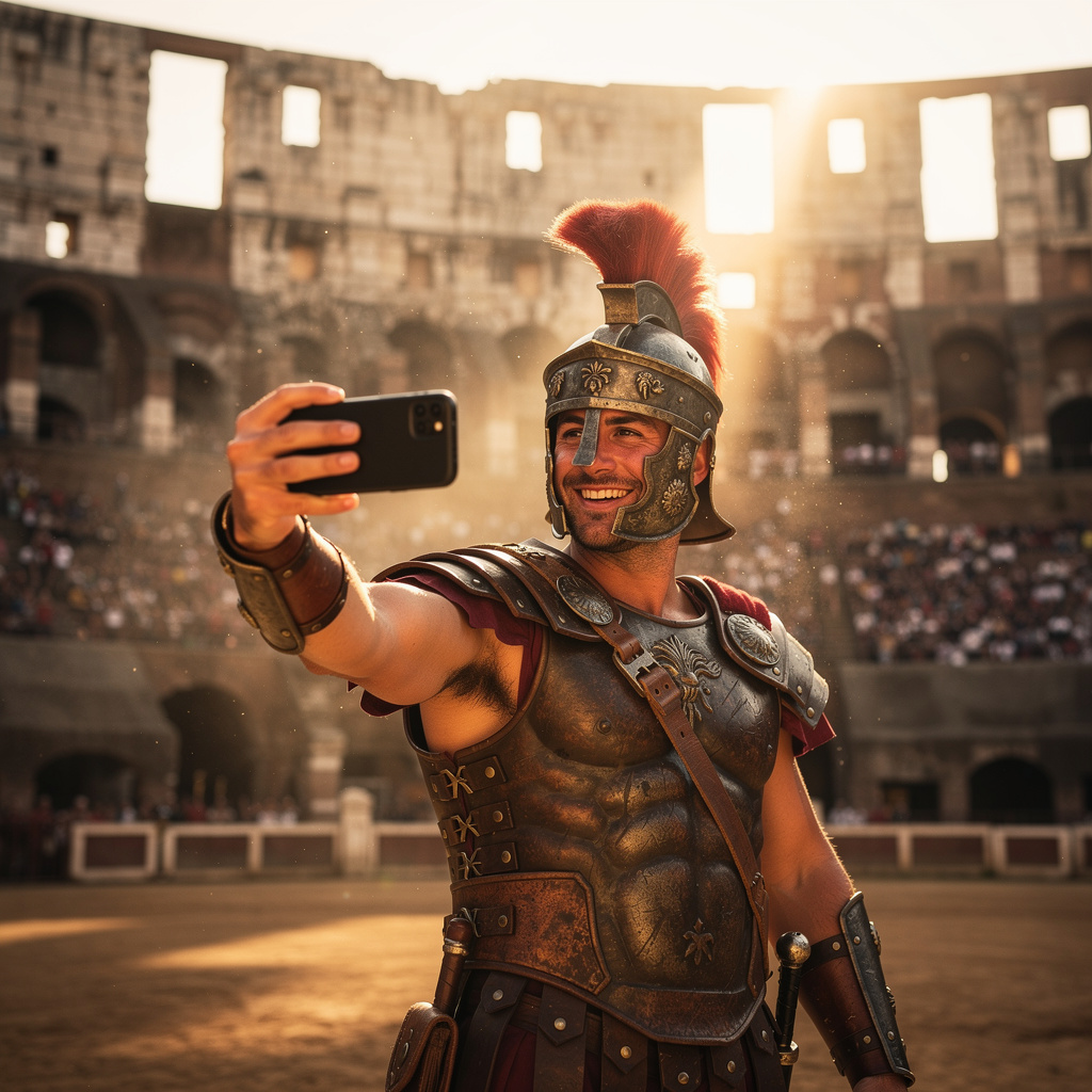 A Roman gladiator taking a selfie with a smartphone in the C