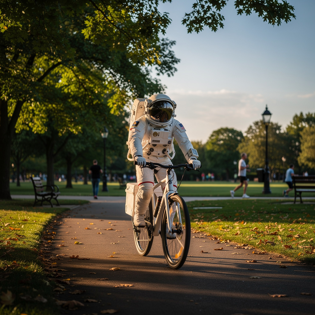 An astronaut in a spacesuit riding a bicycle through a park