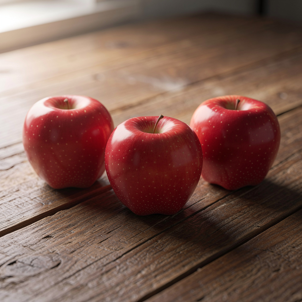 Exactly 3 red apples arranged on a wooden table