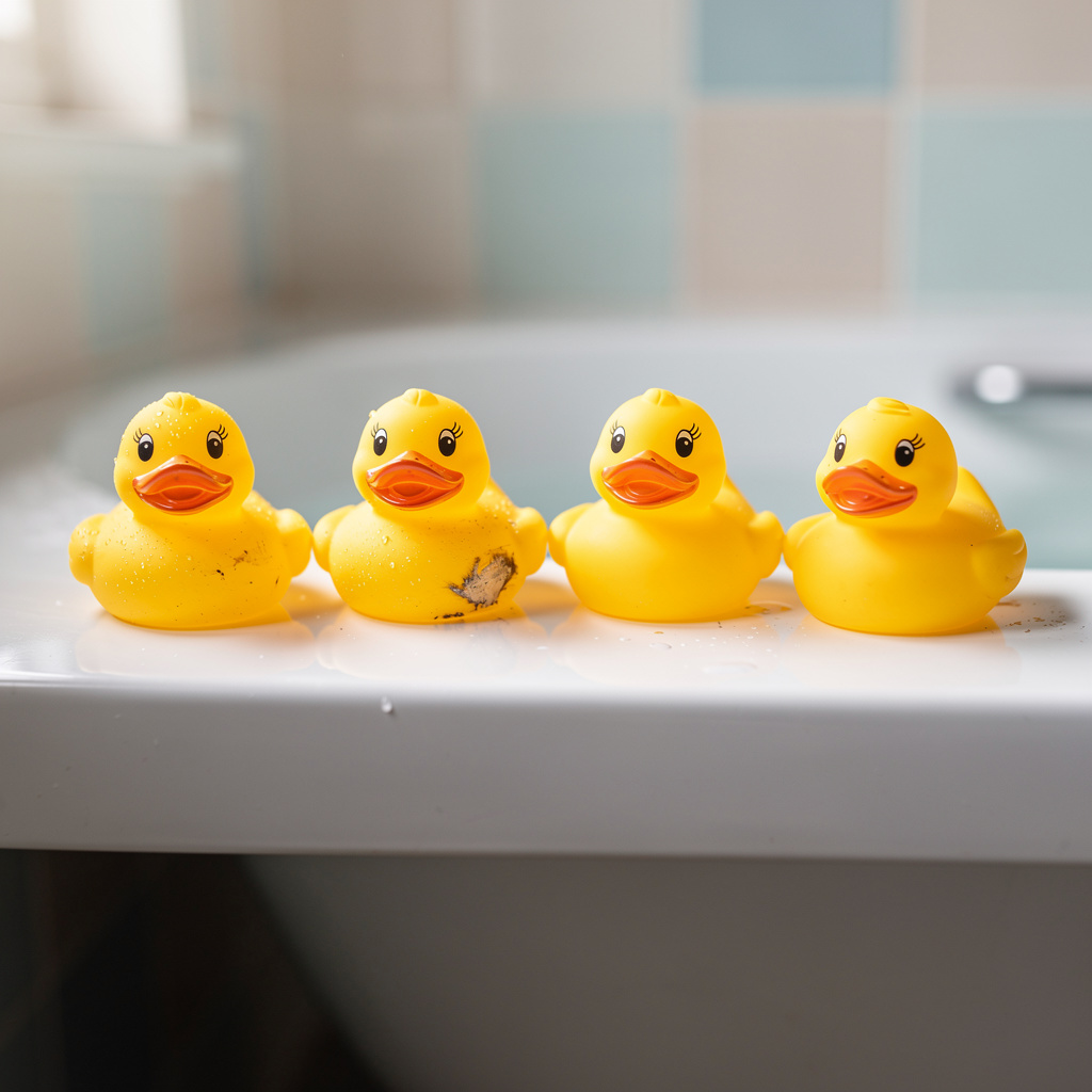 Exactly 5 yellow rubber ducks sitting in a row on a bathroom