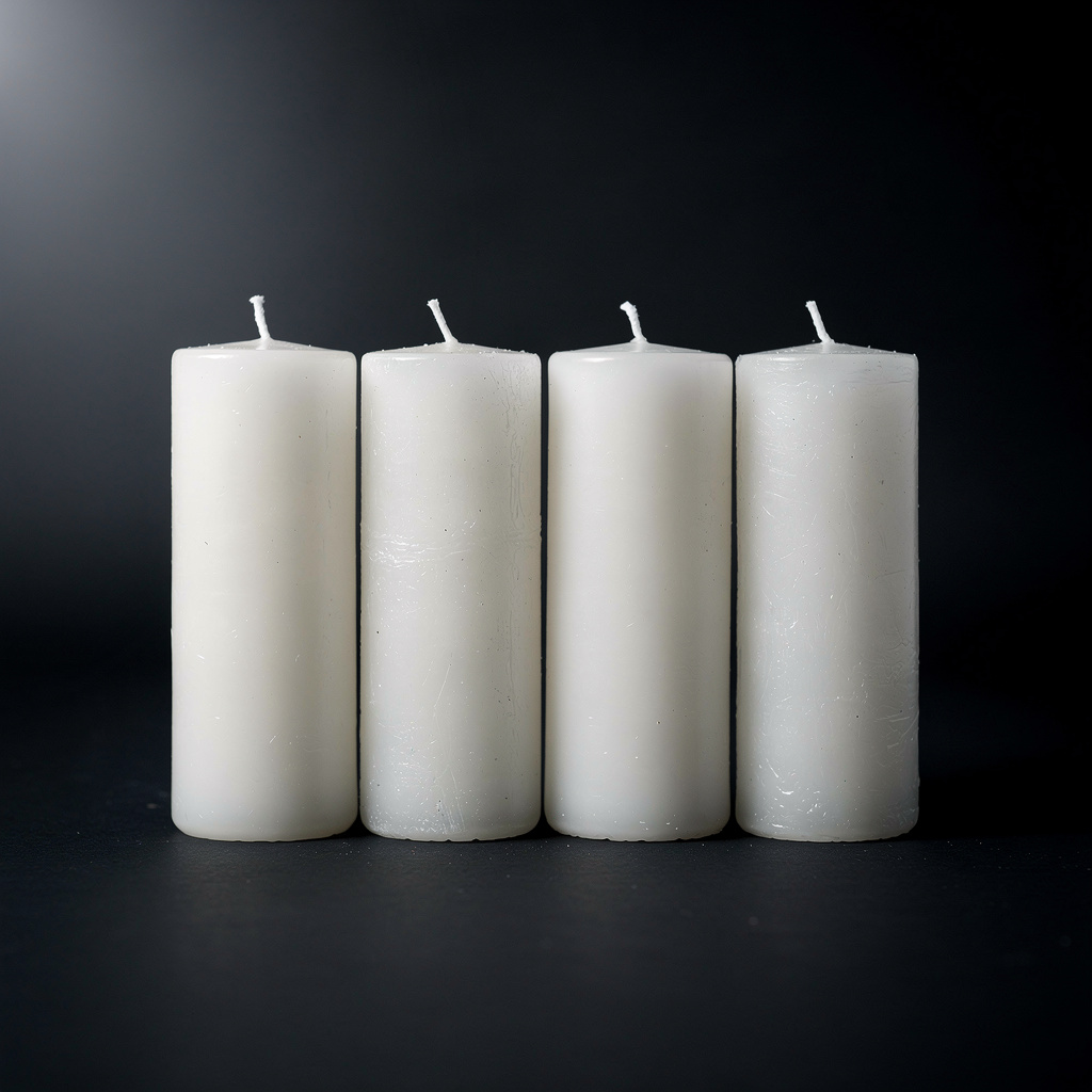 Exactly 4 white candles standing on a dark surface