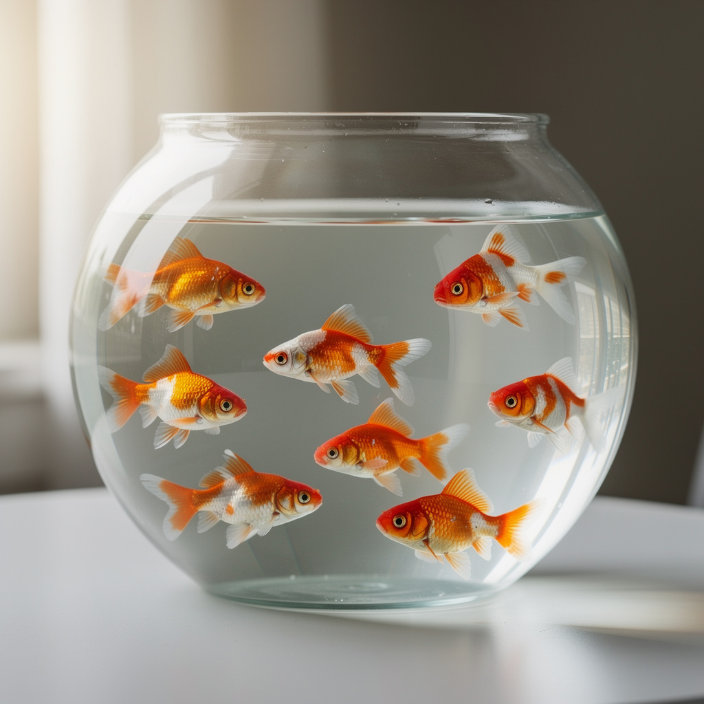 Exactly 9 goldfish swimming in a large round fishbowl
