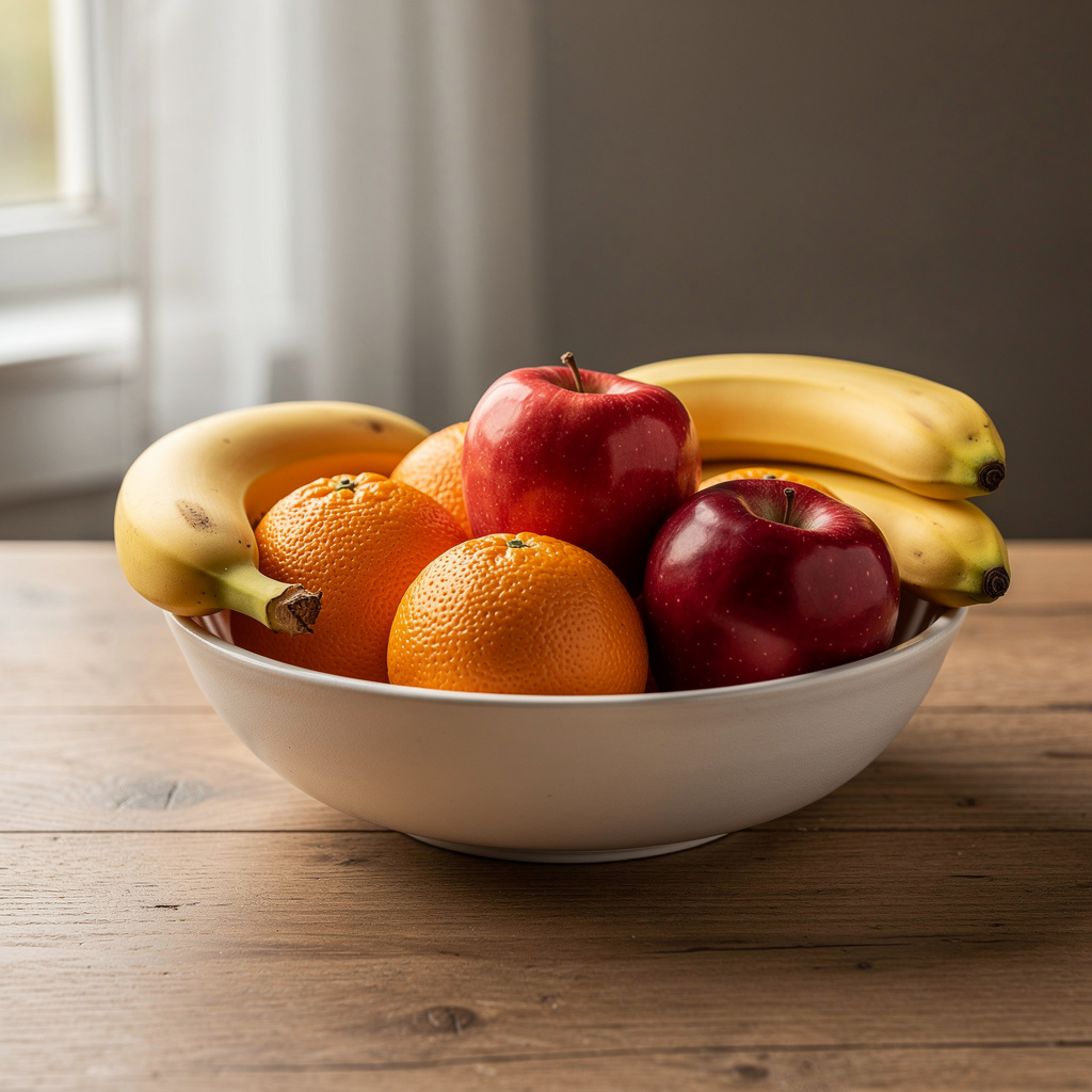A fruit bowl containing exactly 3 bananas, 4 oranges, and 2 