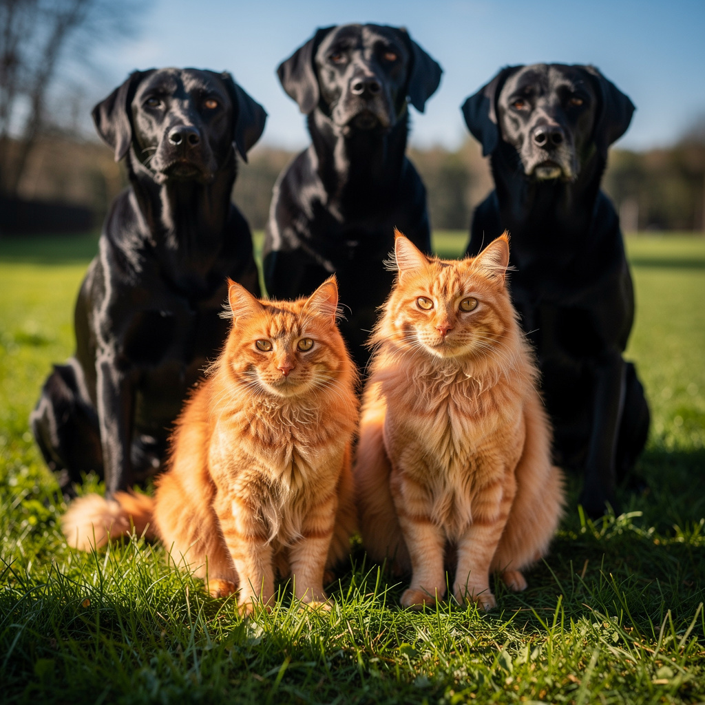 2 orange cats and 3 black dogs sitting together on a grassy 