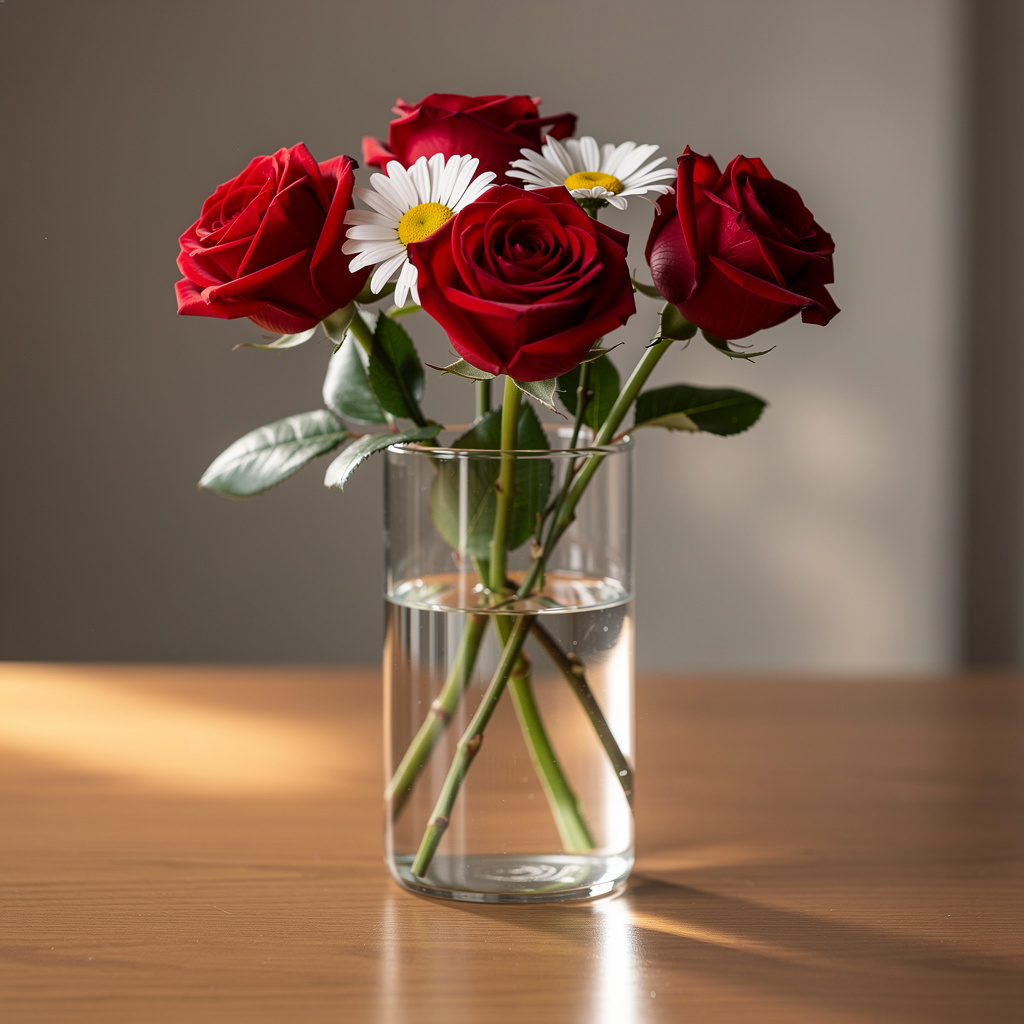 4 red roses and 2 white daisies in a glass vase on a table