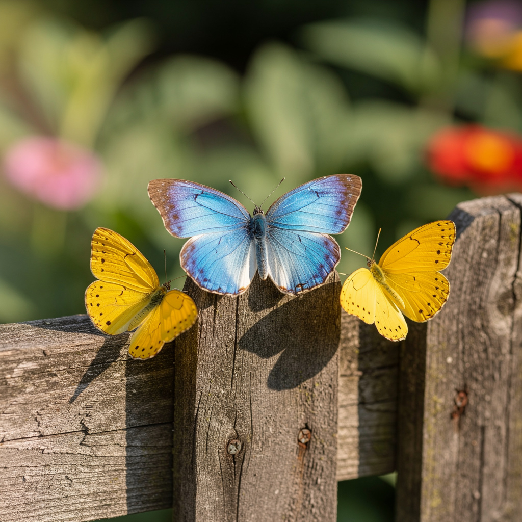 1 blue butterfly and 3 yellow butterflies resting on a garde