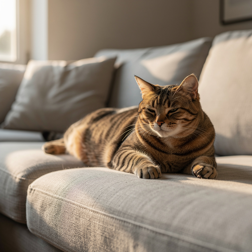 A cat lying on a couch without a collar