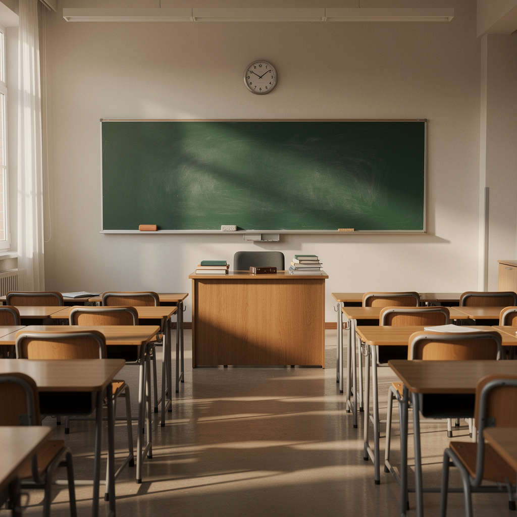A classroom with desks and a chalkboard but no students