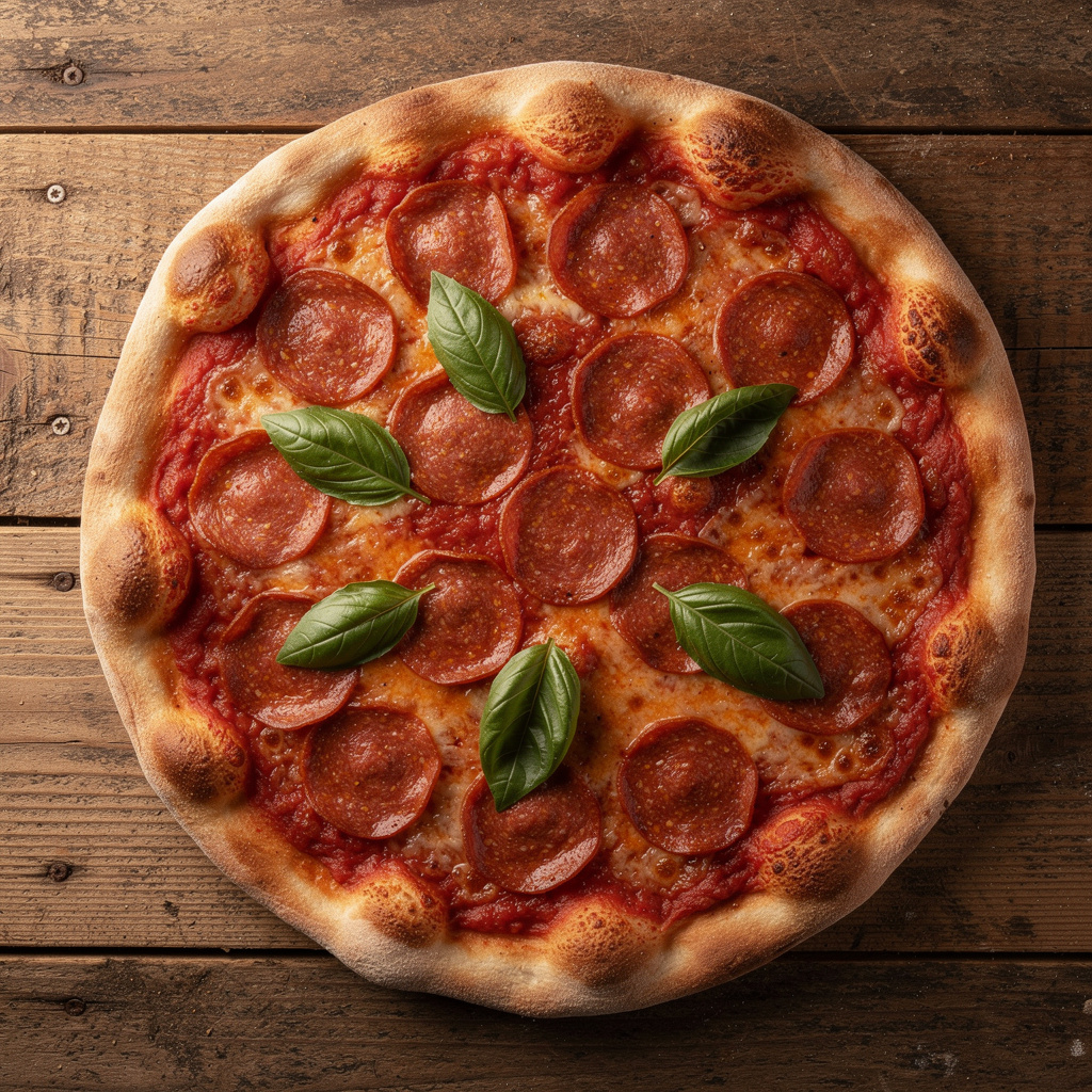A pepperoni pizza with tomato sauce, basil, and crust but ab