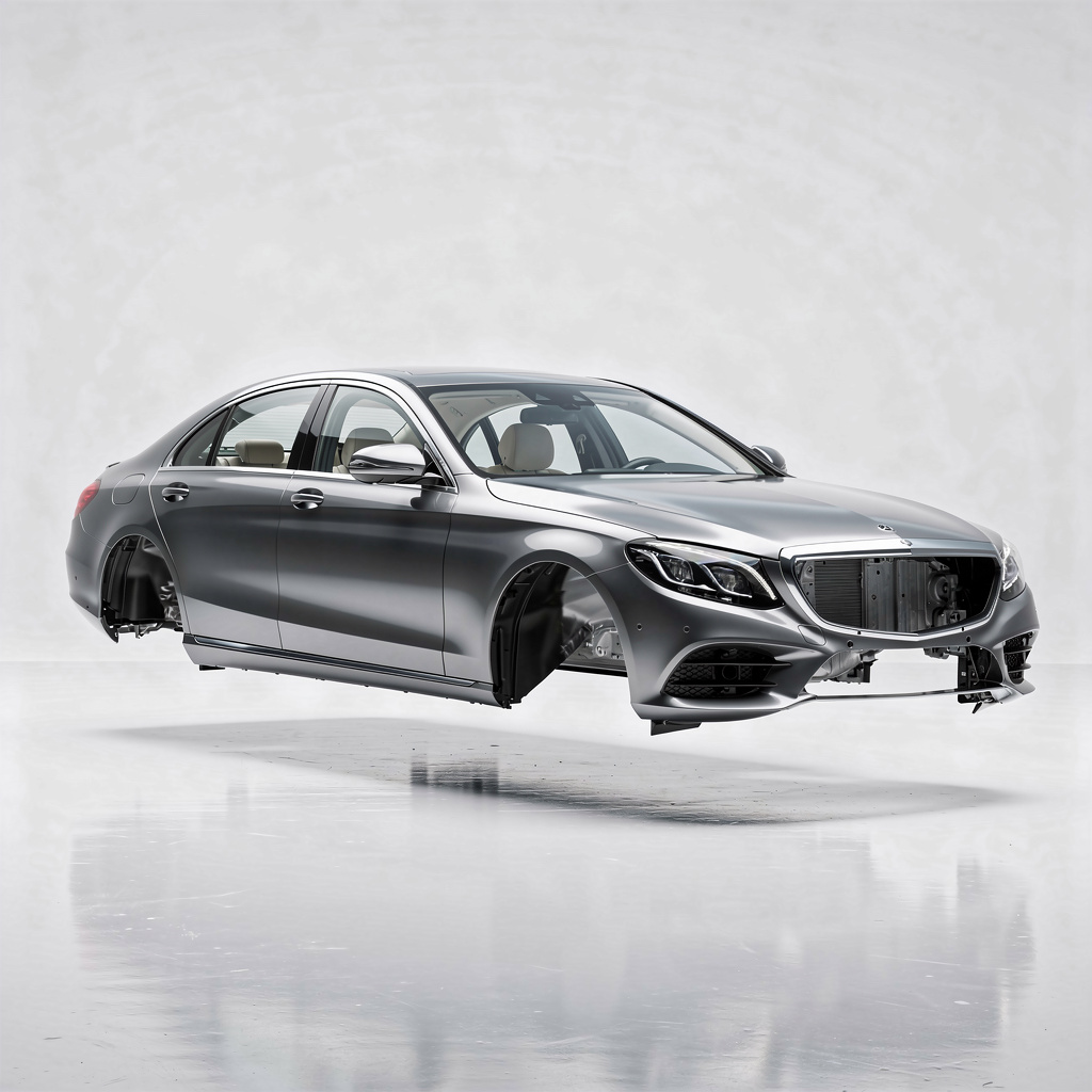 A car body with windows, doors, and headlights but no wheels