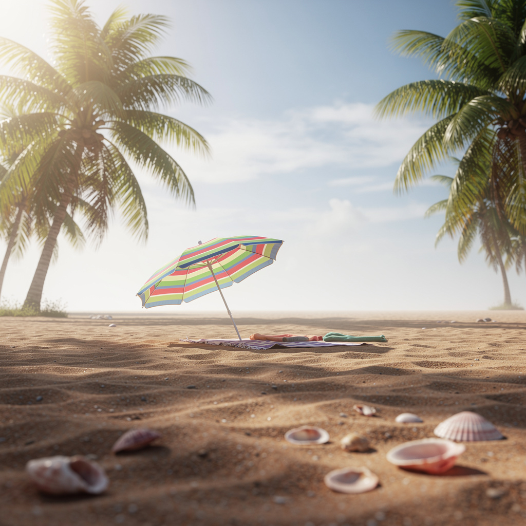 A sandy beach with palm trees, seashells, and a beach umbrel