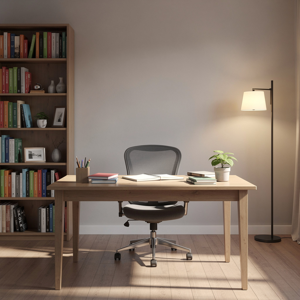 An office workspace with a desk, chair, bookshelf, and lamp 