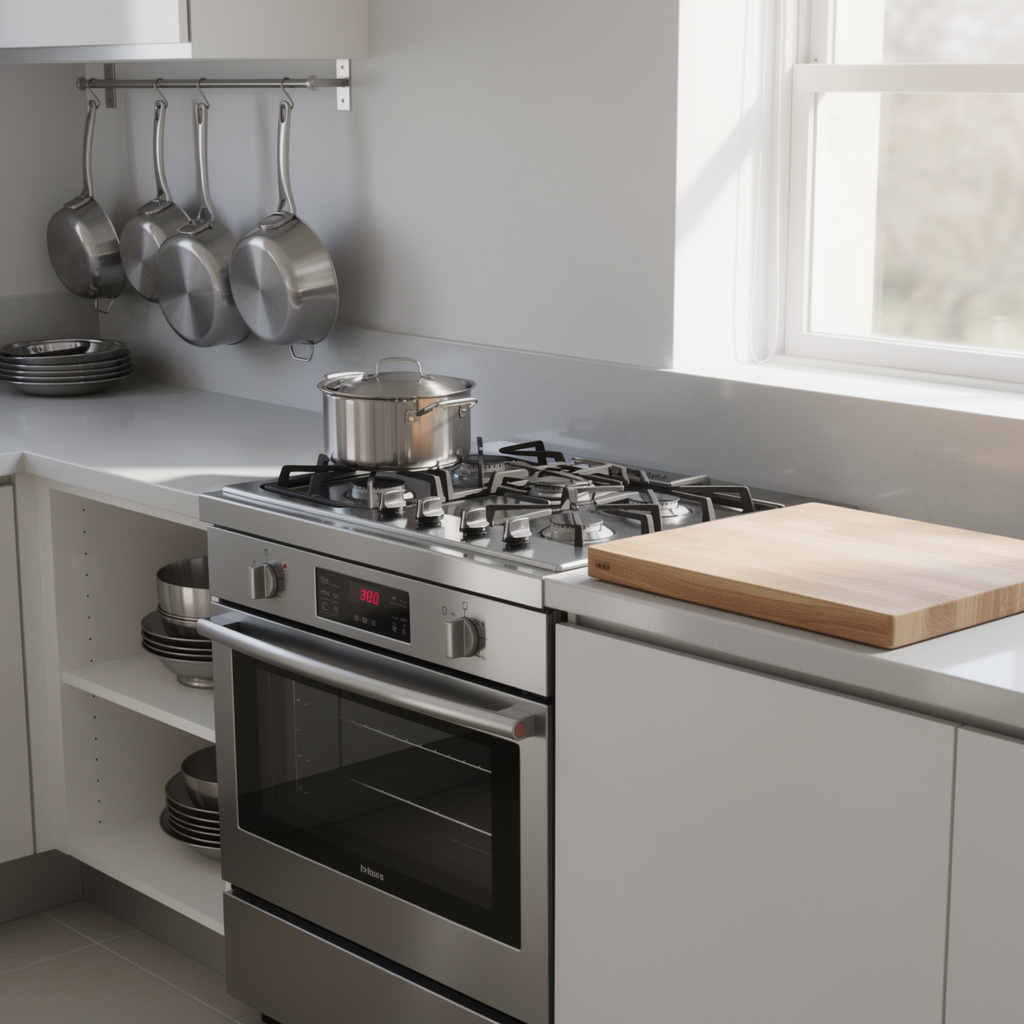 A kitchen with pots, pans, a stove, and a cutting board but 
