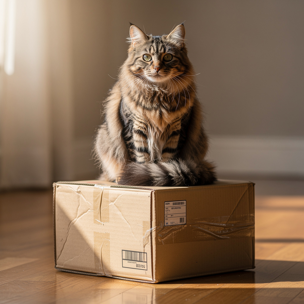 A cat sitting on top of a cardboard box