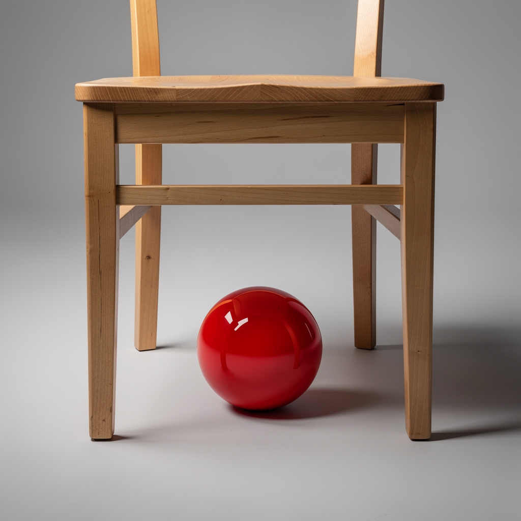 A red ball underneath a wooden chair