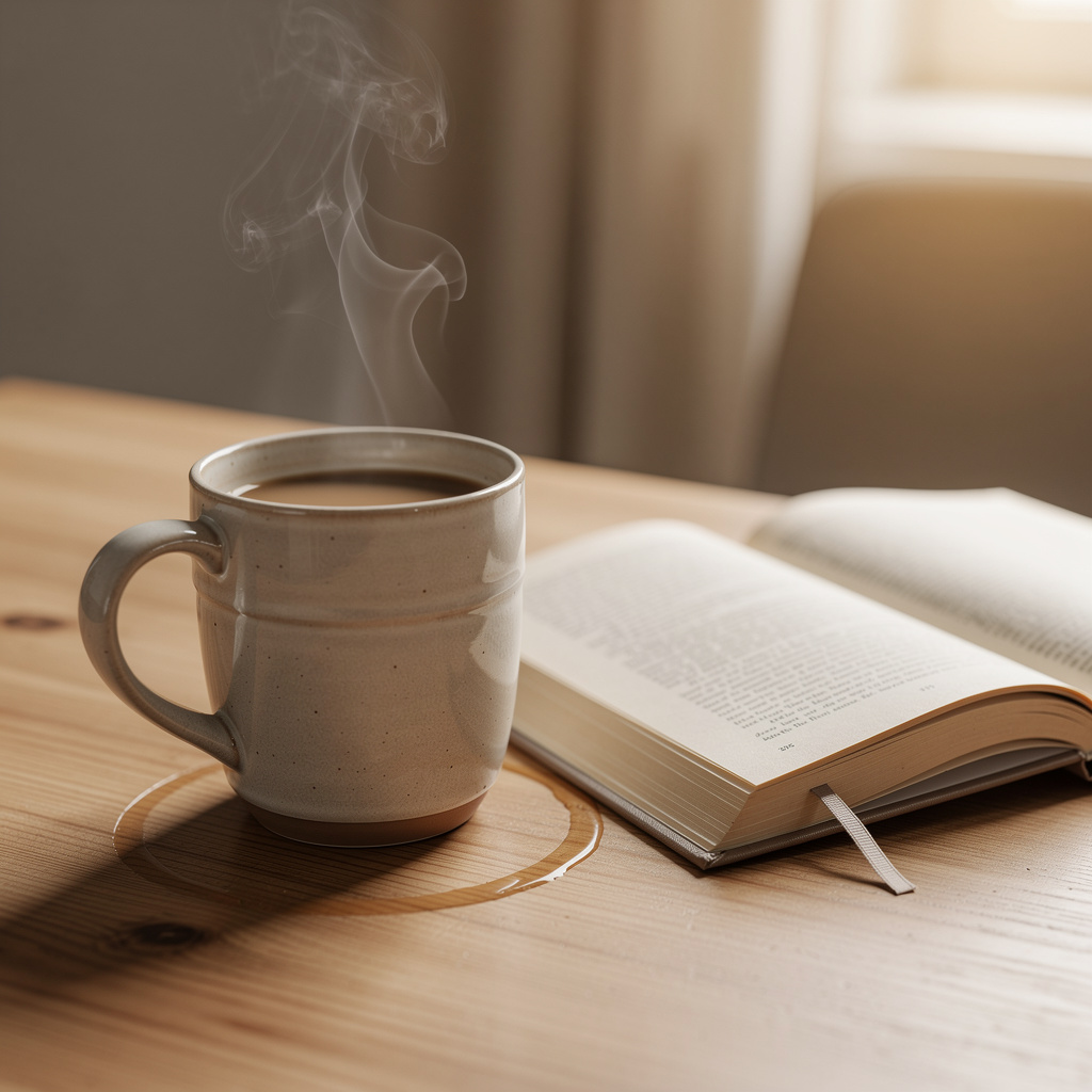 A coffee mug next to an open book on a desk