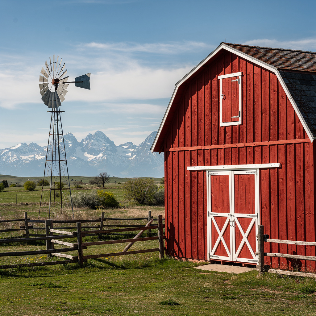 A landscape with a red barn in the foreground at large scale