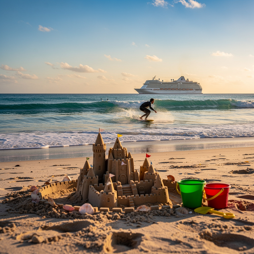 A beach scene with a sandcastle in the foreground, a surfer 