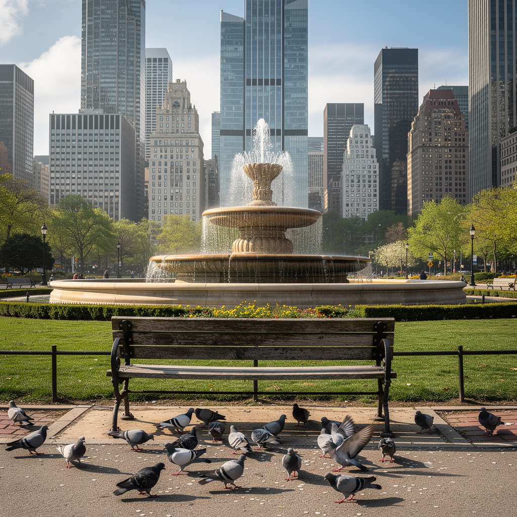 A city park with a park bench and pigeons in the foreground,