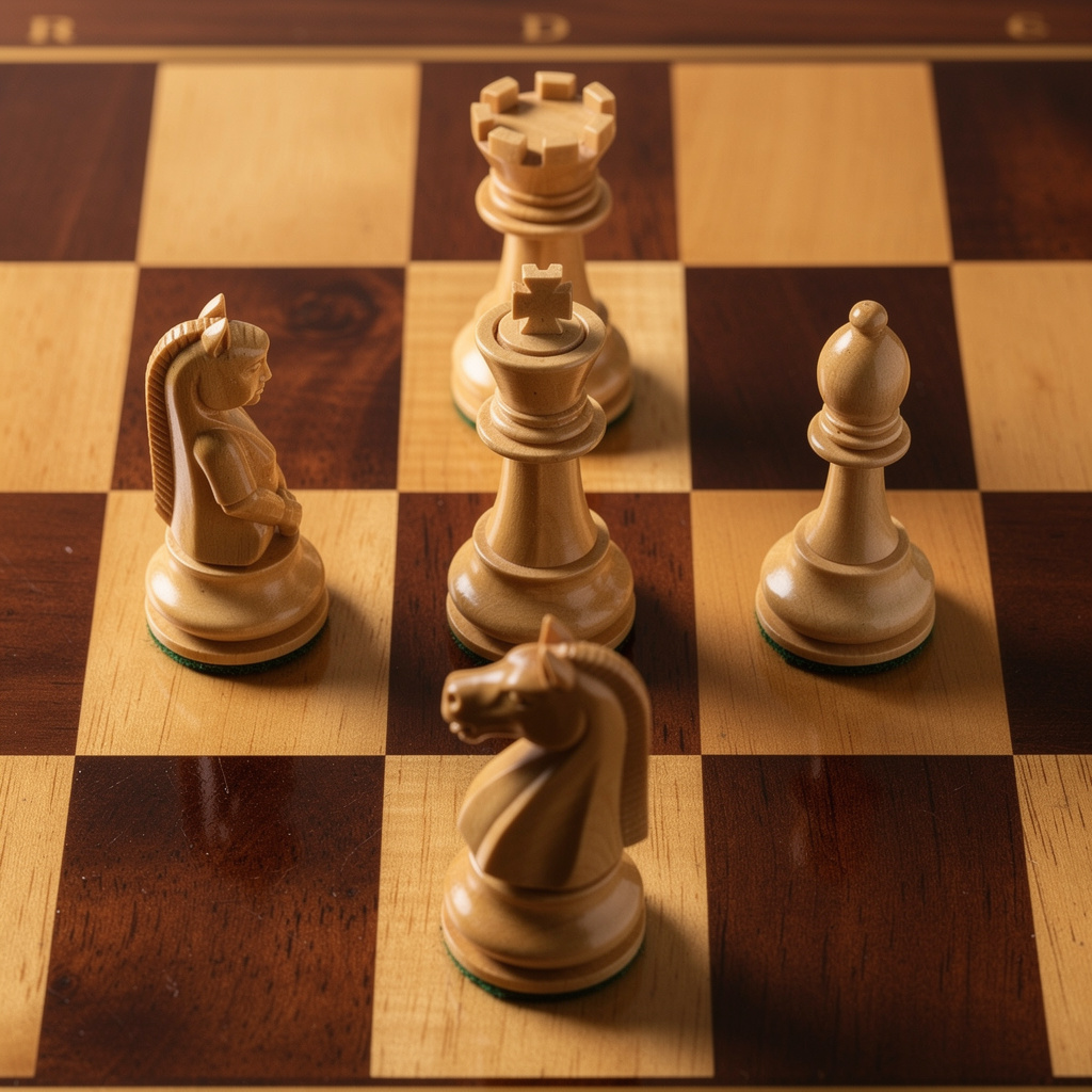 Five chess pieces on a board: a king in the center, a queen 