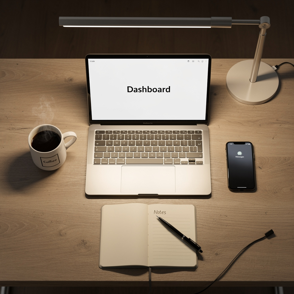 A desk scene: laptop in the center, coffee mug to the left, 
