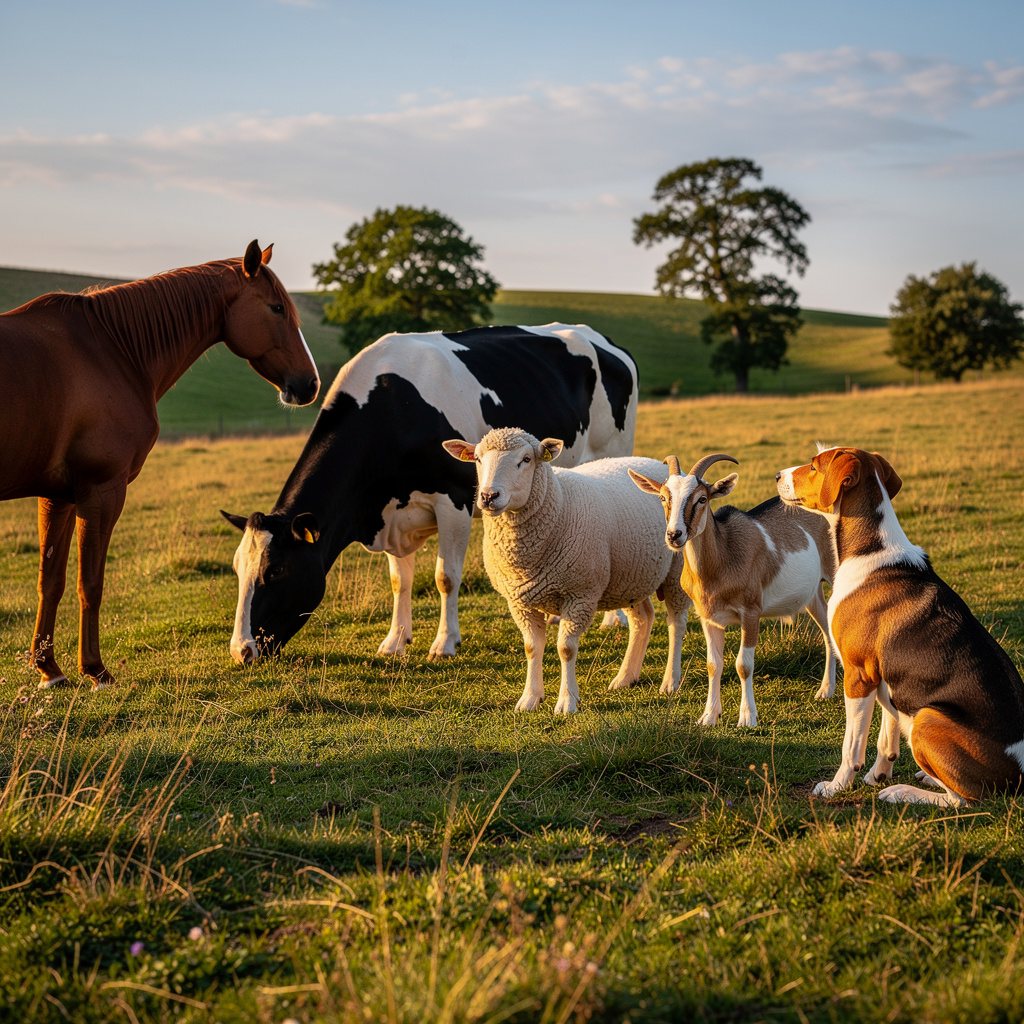 Five animals in a field: a horse on the far left, a cow to t